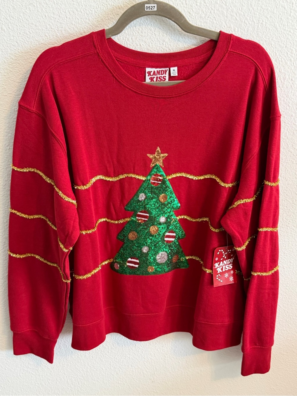 Kandy Kiss Red Sequin Christmas Tree Crewneck Sweater